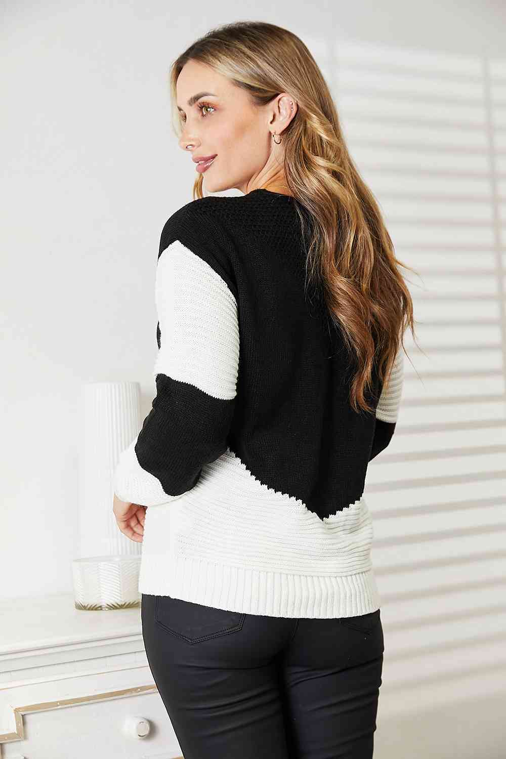 Woven Right Two-Tone Openwork Rib-Knit Sweater-Teresa's Fashionista LLC