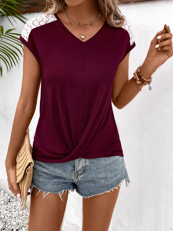 Spliced Lace V-Neck Twisted Hem Tee-Teresa's Fashionista LLC