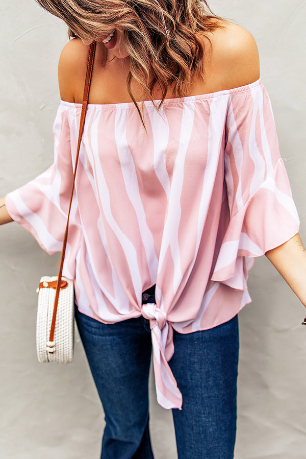 Striped Tie Front Flounce Sleeve Blouse-Teresa's Fashionista LLC