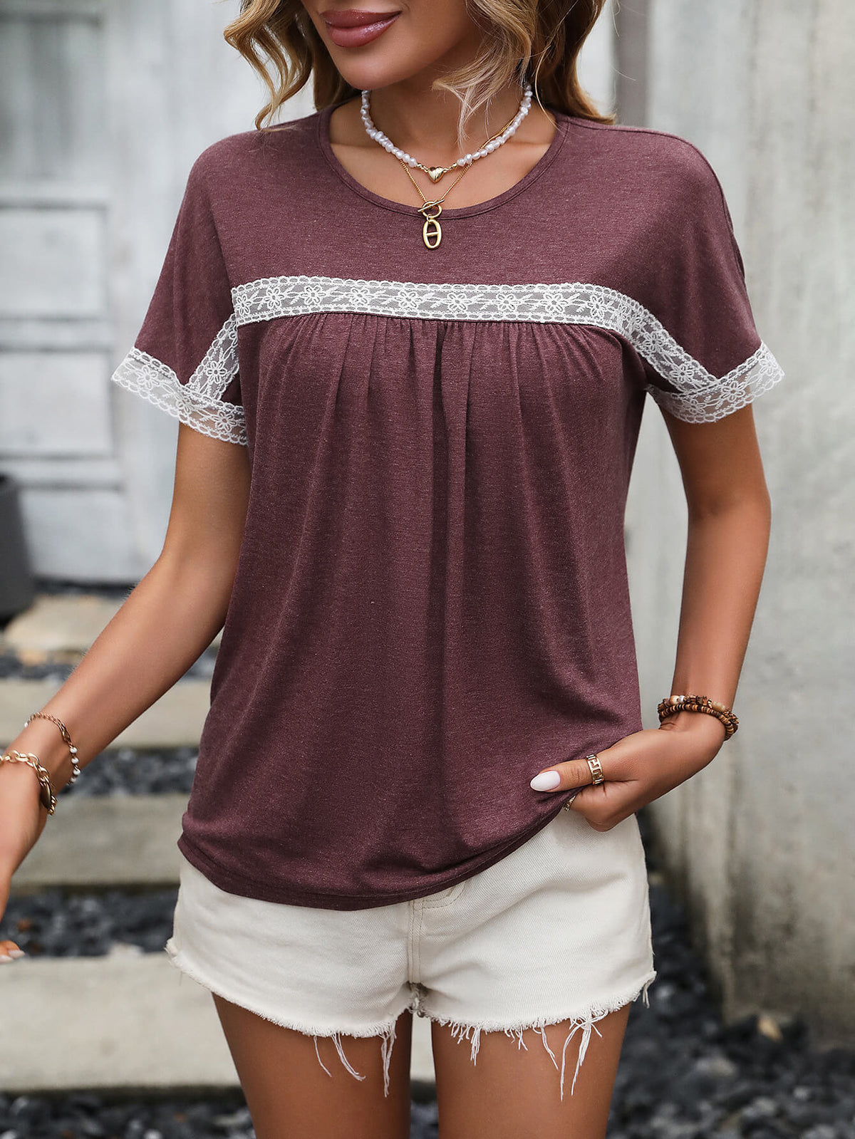 Contrast Round Neck Short Sleeve Tee-Teresa&#39;s Fashionista LLC