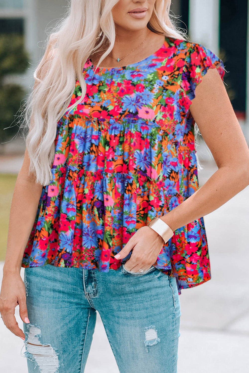 Floral Round Neck Frill Trim Blouse-Teresa&#39;s Fashionista LLC
