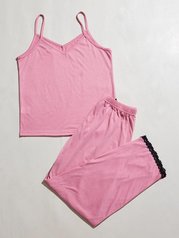 V-Neck Lace Trim Slit Cami and Pants Pajama Set-Teresa's Fashionista LLC