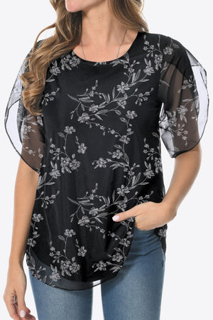 Printed Round Neck Curved Hem Blouse-Teresa's Fashionista LLC