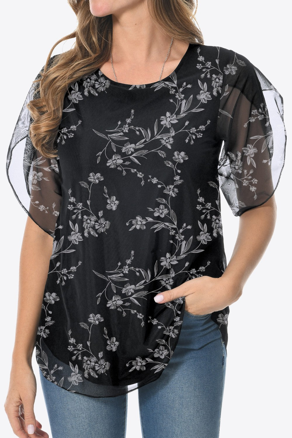 Printed Round Neck Curved Hem Blouse-Teresa&#39;s Fashionista LLC