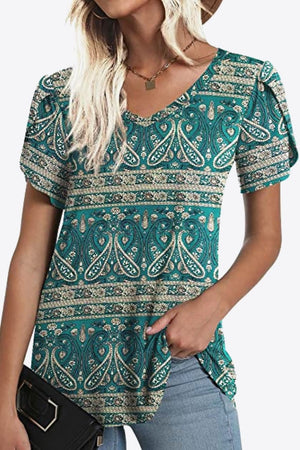 Printed Petal Sleeve V-Neck Blouse-Teresa's Fashionista LLC