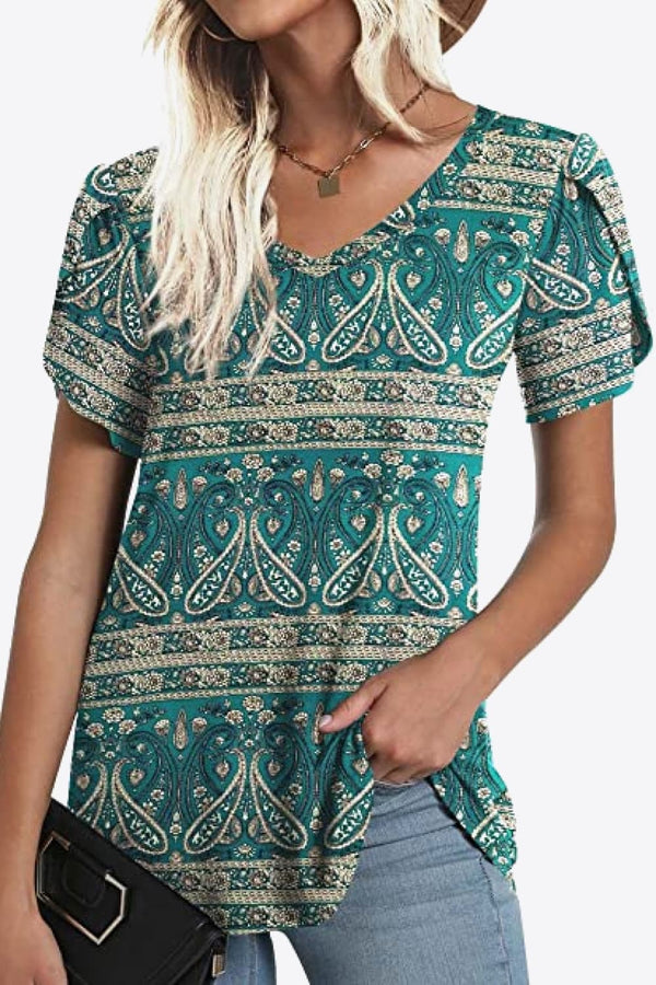 Printed Petal Sleeve V-Neck Blouse-Teresa's Fashionista LLC