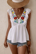 Embroidered Pom-Pom Trim Cap Sleeve Babydoll Top-Teresa's Fashionista LLC