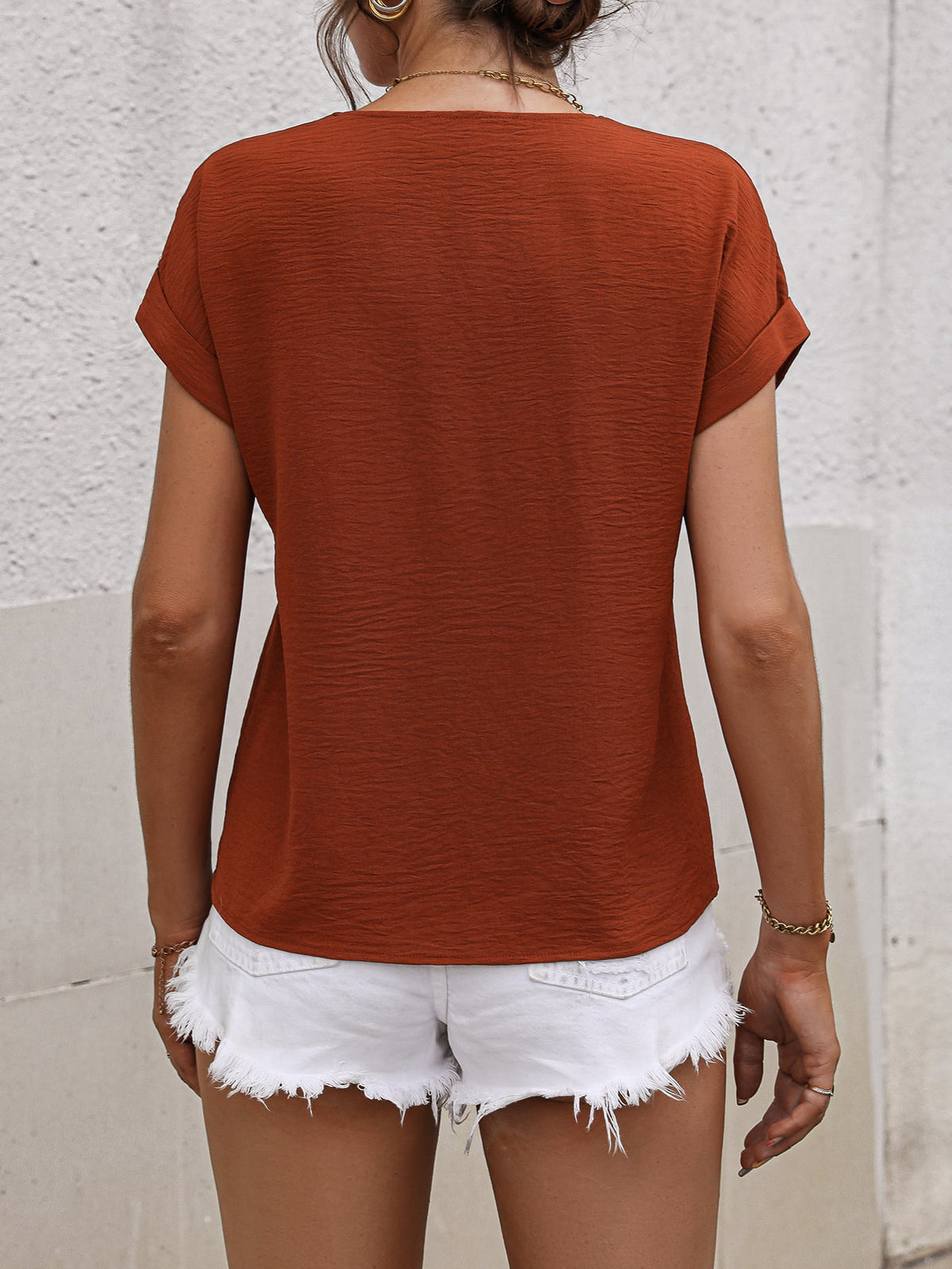 Buttoned V-Neck Short Sleeve Blouse-Teresa&#39;s Fashionista LLC
