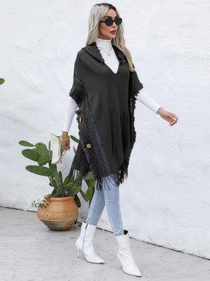 Fringe Trim Buttoned Hooded Poncho-Teresa's Fashionista LLC