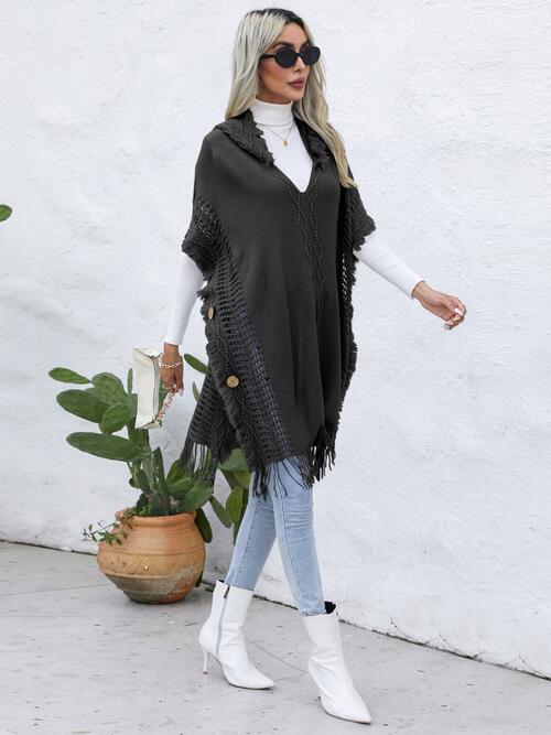 Fringe Trim Buttoned Hooded Poncho-Teresa's Fashionista LLC