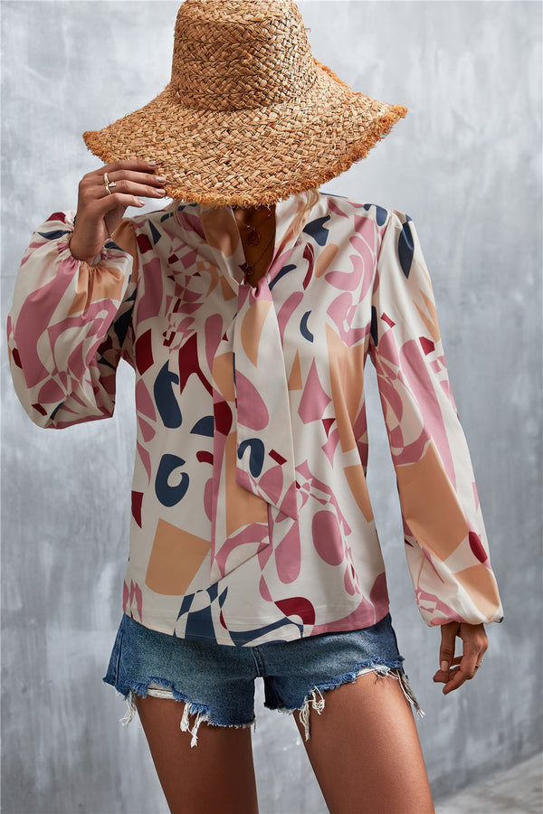 Printed Tie Neck Puff Sleeve Blouse-Teresa's Fashionista LLC