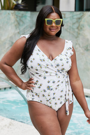 Marina West Swim Float On Ruffle Faux Wrap One-Piece in Daisy Cream-Teresa's Fashionista LLC