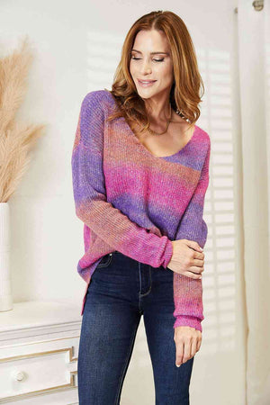 Double Take Multicolored Rib-Knit V-Neck Knit Pullover-Teresa's Fashionista LLC