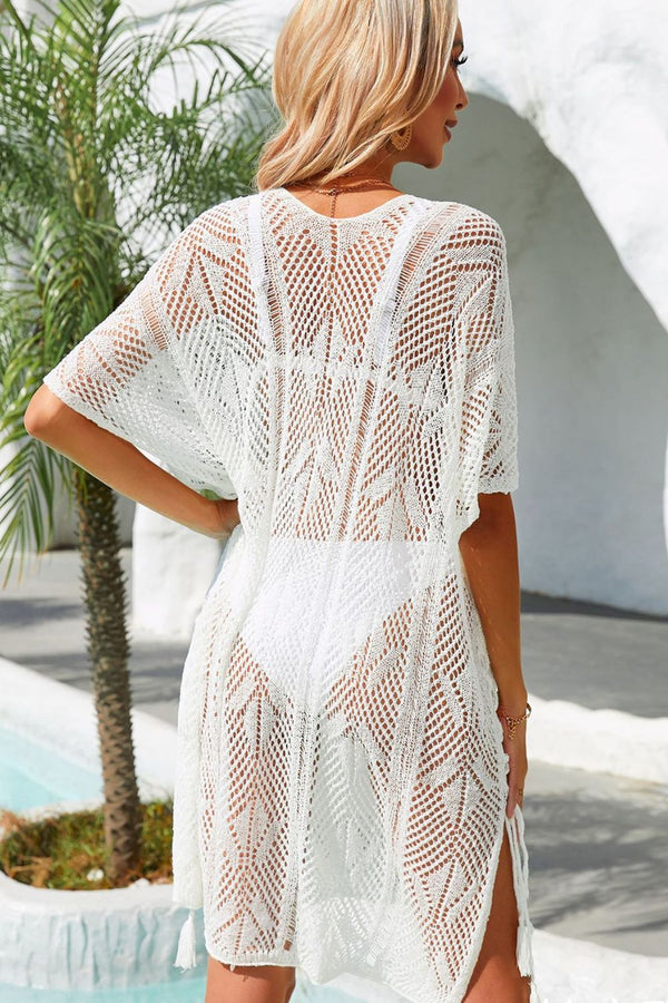Side Slit Tassel Openwork Cover-Up Dress-Teresa's Fashionista LLC