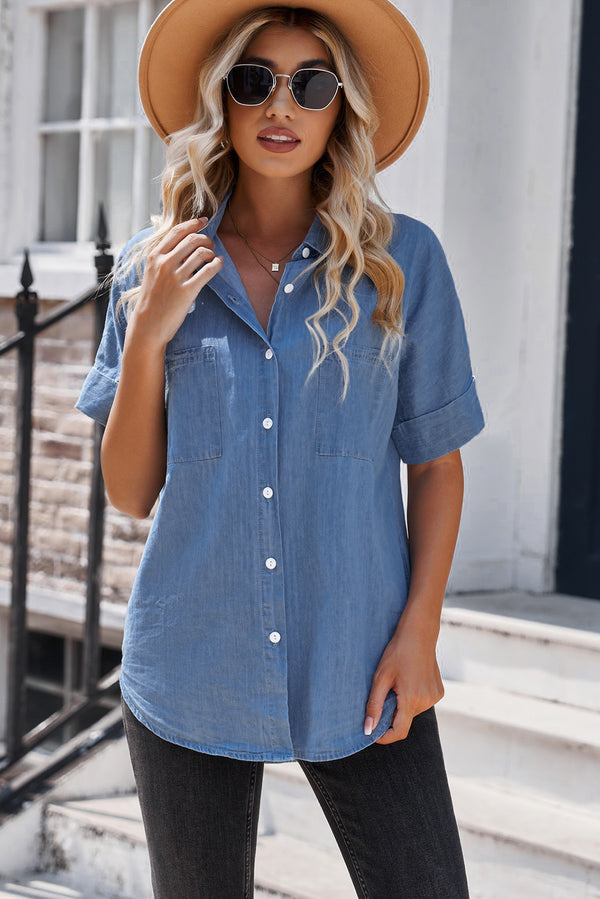 Button Front Collared Short Sleeve Shirt-Teresa's Fashionista LLC