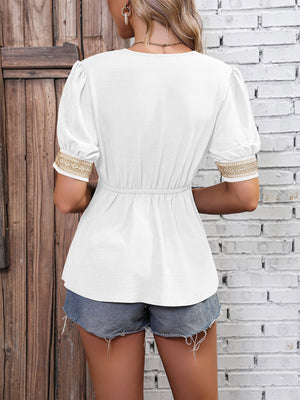 Contrast V-Neck Babydoll Top-Teresa's Fashionista LLC