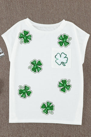 Sequin Lucky Clover Boat Neck T-Shirt-Teresa's Fashionista LLC