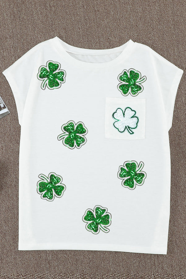 Sequin Lucky Clover Boat Neck T-Shirt-Teresa's Fashionista LLC