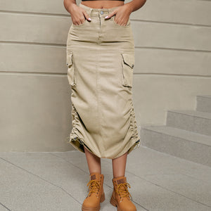 Drawstring Ruched Slit Denim Midi Skirt-Teresa's Fashionista LLC