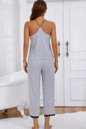 Halter Neck Cami and Lace Trim Pajama Set-Teresa's Fashionista LLC