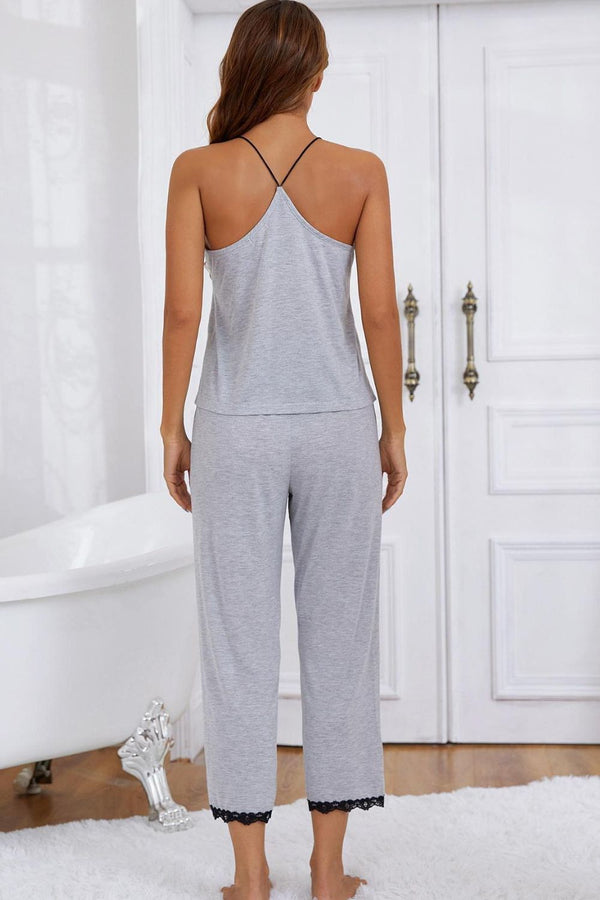 Halter Neck Cami and Lace Trim Pajama Set-Teresa's Fashionista LLC