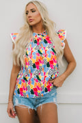 Floral Mock Neck Short Sleeve Blouse-Teresa's Fashionista LLC