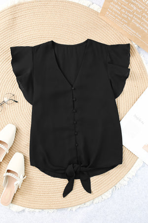 V-Neck Tie Hem Flutter Sleeve Blouse-Teresa's Fashionista LLC