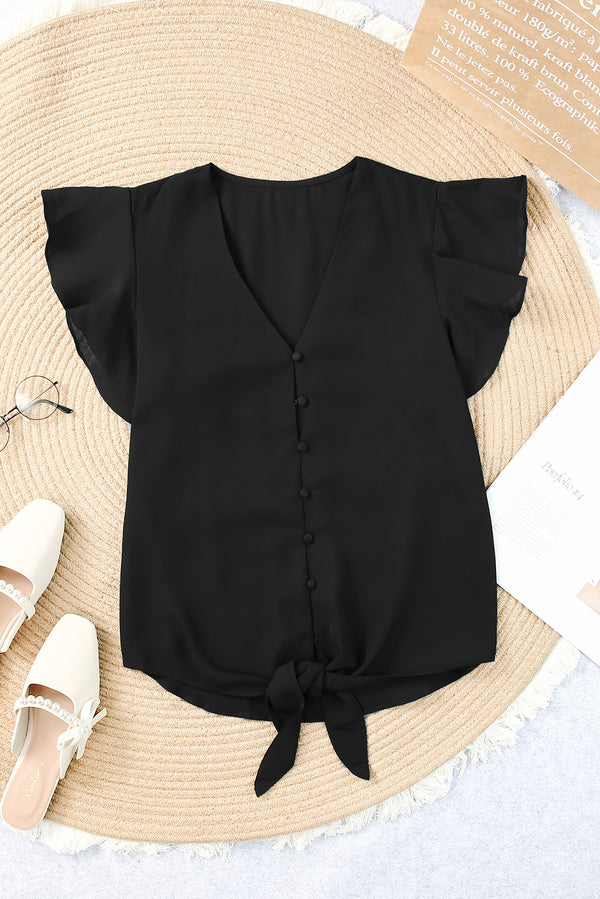 V-Neck Tie Hem Flutter Sleeve Blouse-Teresa's Fashionista LLC