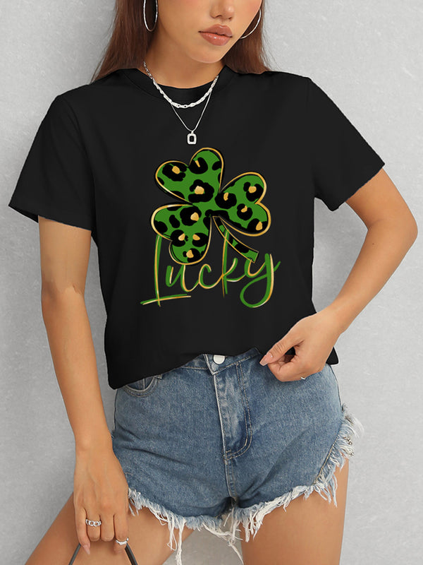 Lucky Clover Round Neck Short Sleeve T-Shirt-Teresa's Fashionista LLC
