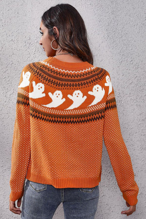 Ghost Pattern Round Neck Long Sleeve Sweater-Teresa's Fashionista LLC