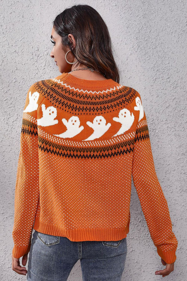 Ghost Pattern Round Neck Long Sleeve Sweater-Teresa's Fashionista LLC