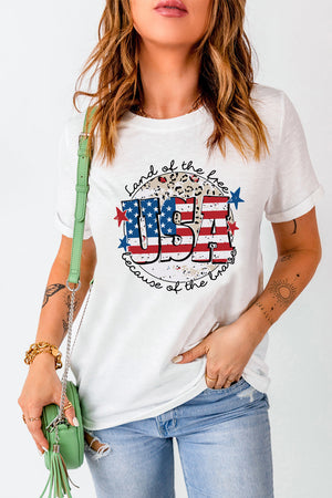 USA Graphic Round Neck Tee with patriotic design, casual style, short sleeves, and a slightly stretchy fit.