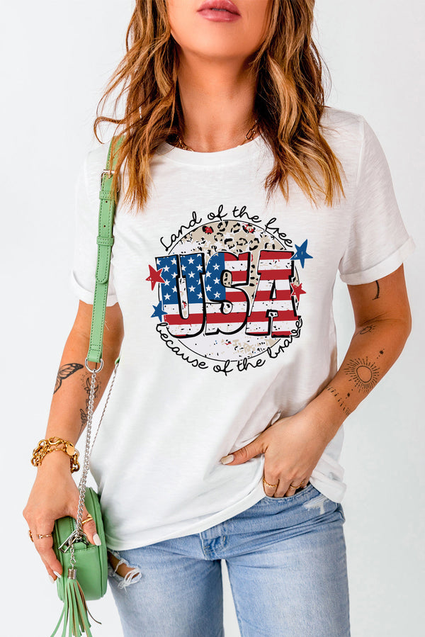 USA Graphic Round Neck Tee with patriotic design, casual style, short sleeves, and a slightly stretchy fit.
