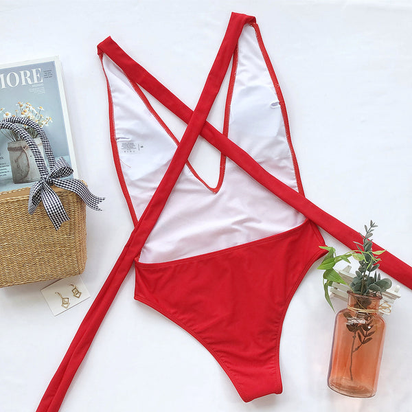 Halter Neck Deep V Tied One-Piece Swimsuit-Teresa's Fashionista LLC