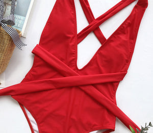Halter Neck Deep V Tied One-Piece Swimsuit-Teresa's Fashionista LLC
