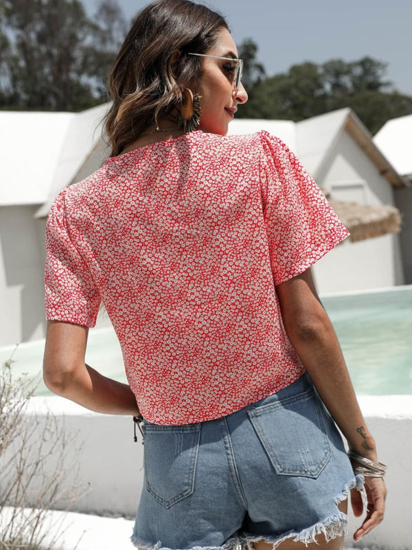 Floral Drawstring Deep V Cropped Blouse-Teresa's Fashionista LLC