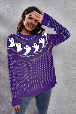 Ghost Pattern Round Neck Long Sleeve Sweater-Teresa's Fashionista LLC