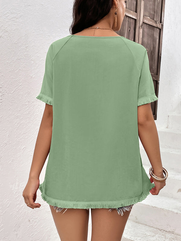 Round Neck Raglan Sleeve Fringe Detail Top-Teresa's Fashionista LLC