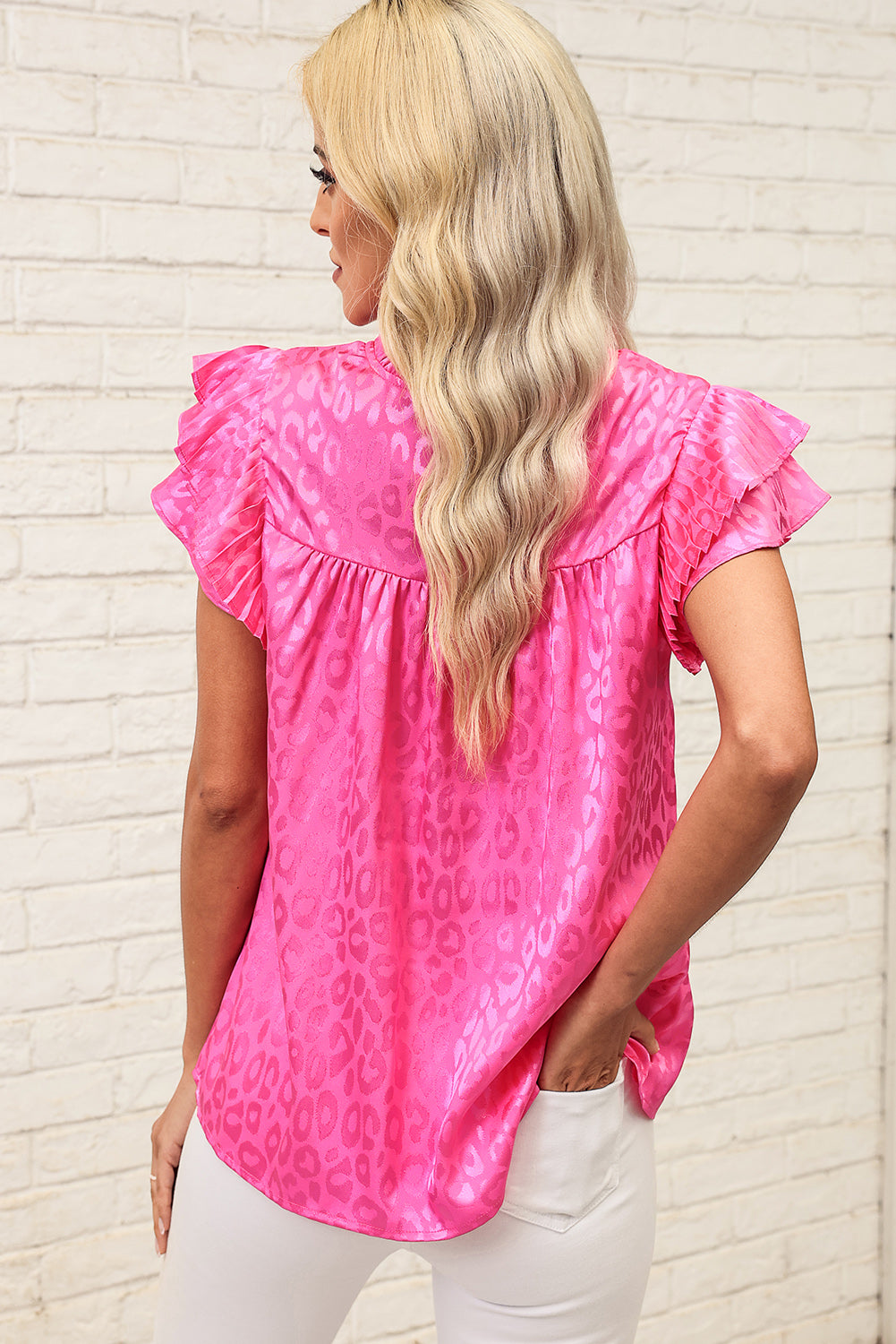 Leopard Flutter Sleeve Frill Neck Blouse-Teresa&#39;s Fashionista LLC