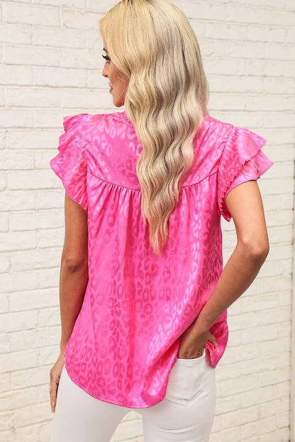 Leopard Flutter Sleeve Frill Neck Blouse-Teresa&#39;s Fashionista LLC