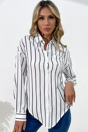 Vertical Stripes Button Down Shirt with long sleeves and asymmetrical hem.