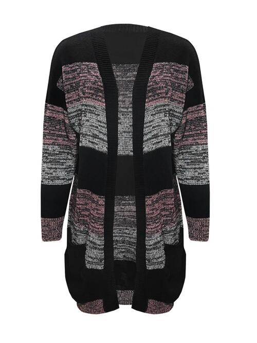 Striped Open Front Long Sleeve Cardigan with Pockets-Teresa's Fashionista LLC