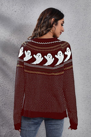 Ghost Pattern Round Neck Long Sleeve Sweater-Teresa's Fashionista LLC