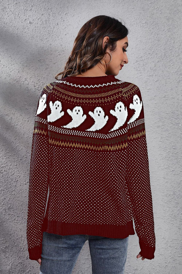 Ghost Pattern Round Neck Long Sleeve Sweater-Teresa's Fashionista LLC