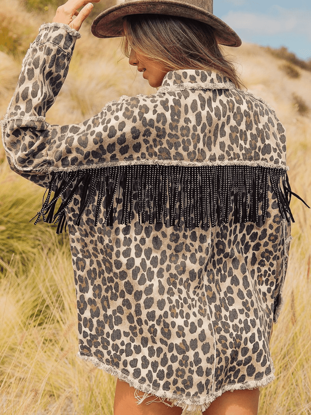 Leopard Fringe Detail Collared Neck Denim Jacket-Teresa's Fashionista LLC
