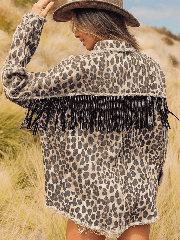 Leopard Fringe Detail Collared Neck Denim Jacket-Teresa's Fashionista LLC
