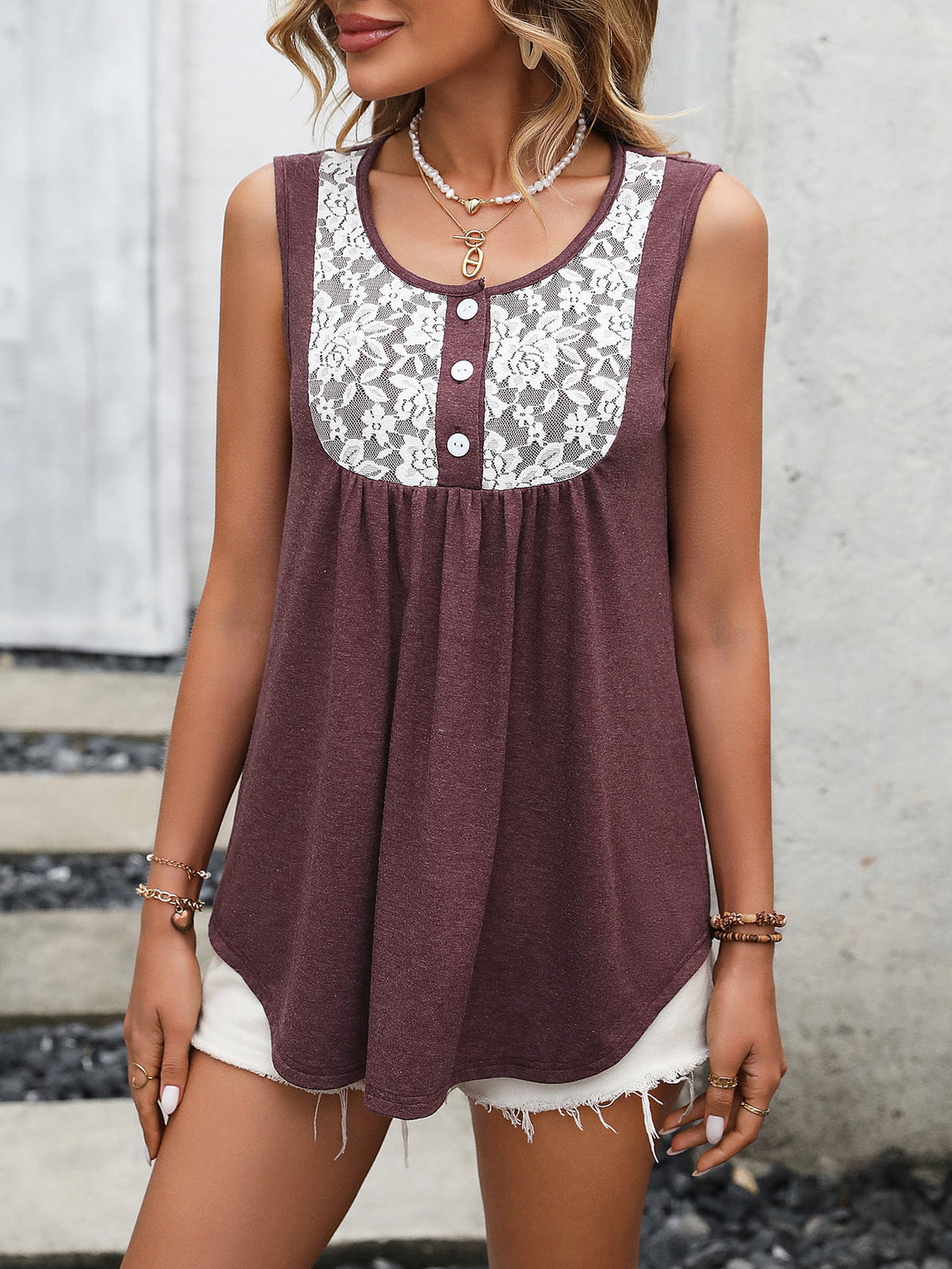 Lace Contrast Scoop Neck Tank-Teresa&#39;s Fashionista LLC