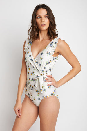 Marina West Swim Float On Ruffle Faux Wrap One-Piece in Daisy Cream-Teresa's Fashionista LLC