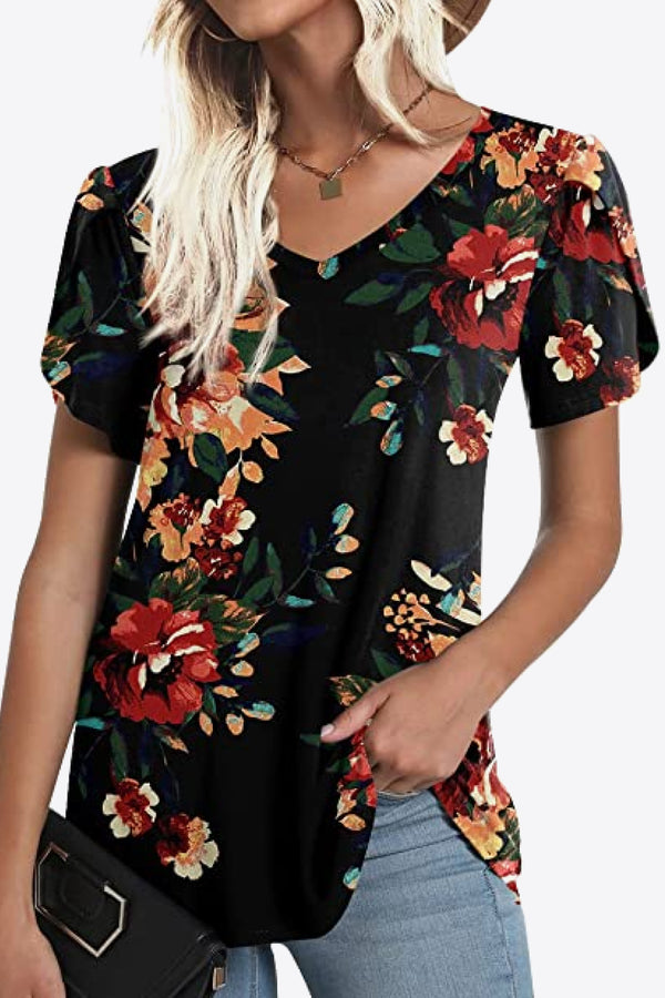 Printed Petal Sleeve V-Neck Blouse-Teresa's Fashionista LLC