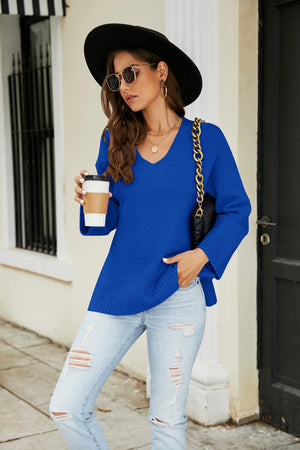 Drop Shoulder V-Neck Knit Pullover-Teresa's Fashionista LLC